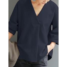 Women Solid V-Neck Pleated Casual Long Sleeve Blouse Women Solid V-Neck Pleated Casual Long Sleeve Blouse