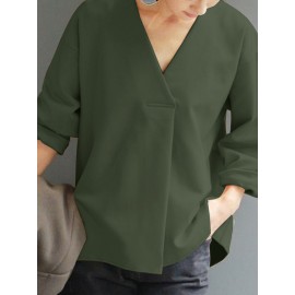 Women Solid V-Neck Pleated Casual Long Sleeve Blouse Women Solid V-Neck Pleated Casual Long Sleeve Blouse