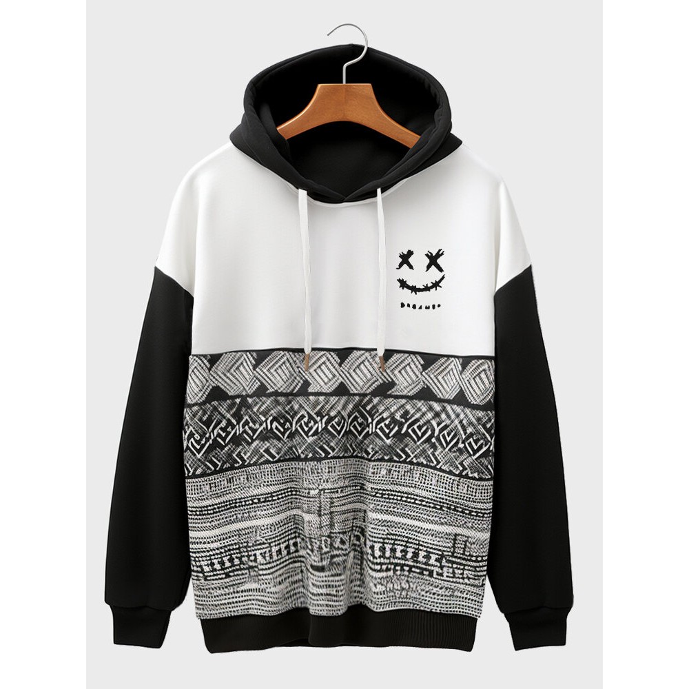 Mens Monochrome Smile Ethnic Geometric Print Patchwork Drawstring Hoodies Winter Mens Monochrome Smile Ethnic Geometric Print Patchwork Drawstring Hoodies Winter