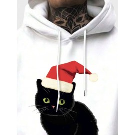 Mens Christmas Hat Cat Graphic Kangaroo Pocket Drawstring Hoodies Winter Mens Christmas Hat Cat Graphic Kangaroo Pocket Drawstring Hoodies Winter