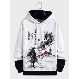Mens Chinese Figure Landscape Print Patchwork Drawstring Hoodies Winter Mens Chinese Figure Landscape Print Patchwork Drawstring Hoodies Winter