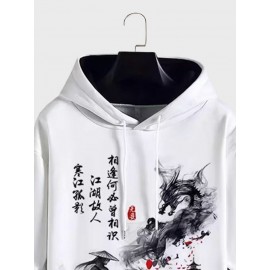 Mens Chinese Figure Landscape Print Patchwork Drawstring Hoodies Winter Mens Chinese Figure Landscape Print Patchwork Drawstring Hoodies Winter