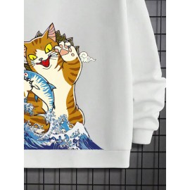 Mens Japanese Wave Cat & Fish Print Long Sleeve Hoodies Winter Mens Japanese Wave Cat & Fish Print Long Sleeve Hoodies Winter
