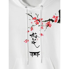 Mens Chinese Plum Bossom Print Kangaroo Pocket Drawstring Hoodies Winter Mens Chinese Plum Bossom Print Kangaroo Pocket Drawstring Hoodies Winter