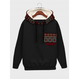 Mens Ethnic Geometric Print Chest Pocket Plush Lined Drawstring Hoodies Mens Ethnic Geometric Print Chest Pocket Plush Lined Drawstring Hoodies